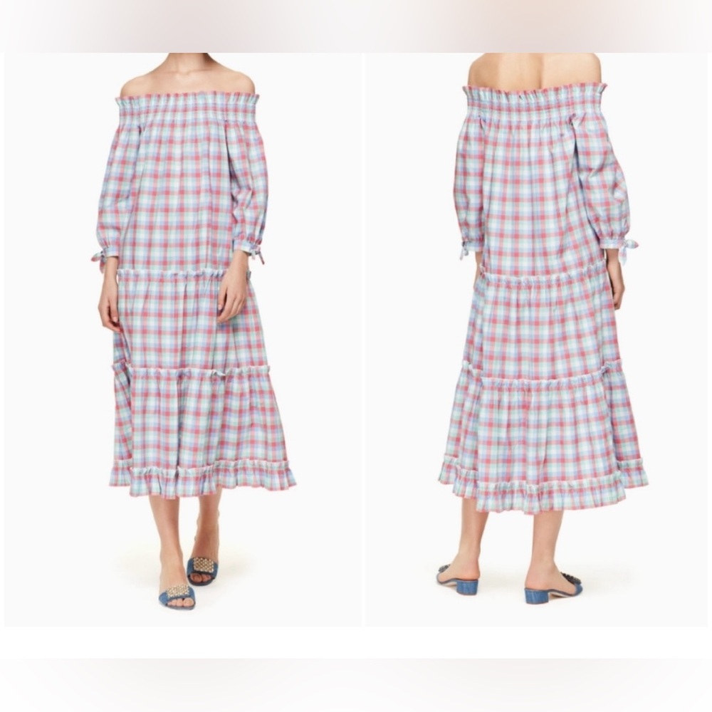 Kate Spade Madras Plaid off The Shoulder Cotton Midi Dress Sz XXS (1)